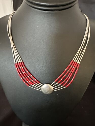 Navajo Concha Red Coral Heishi Necklace | 5 Strand Liquid Sterling Silver | 20" | 15878