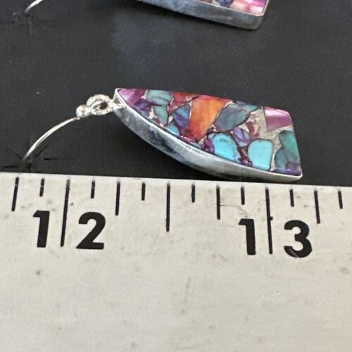 Navajo Blue Turquoise Red Spiny Oyster Inlay Dangle Earrings | Sterling Silver | 15575