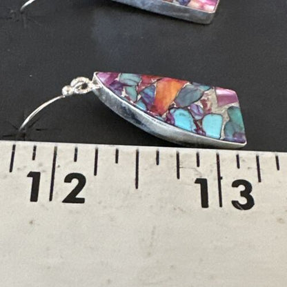 Navajo Blue Turquoise Red Spiny Oyster Inlay Dangle Earrings | Sterling Silver | 15575