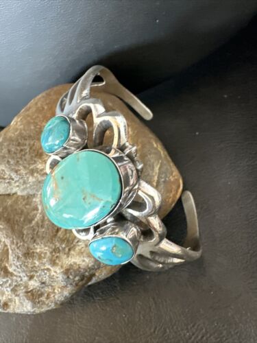Kingman Turquoise Navajo Cuff Bracelet | Sterling Silver Tufa Cast | Authentic Native American Handmade | 16784 - Masha USA