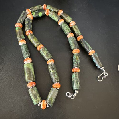 Navajo Green Turquoise and Spiny Oyster Necklace | Sterling Silver | Authentic Native American Handmade | 24" | 14986