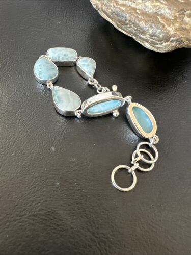 Navajo Blue Larimar Bracelet | Sterling Silver Link | 8" | Authentic Native American Handmade | 16075