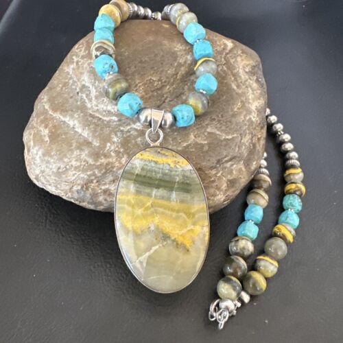 Men's BumbleBee Jasper Pendant Necklace | Navajo Pearls | Sterling Silver | Authentic Native American Handmade | 16878