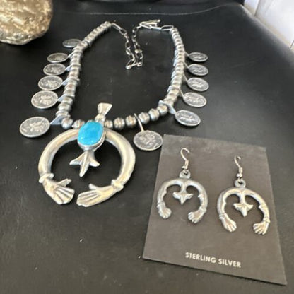 Navajo Kingman Turquoise Naja Pendant Necklace | Sterling Silver | Authentic Native American Handmade | 15158