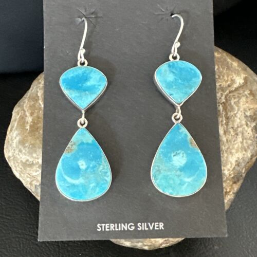 Navajo Blue Kingman Turquoise Dangle Earrings | Sterling Silver | Authentic Native American Handmade | 15106