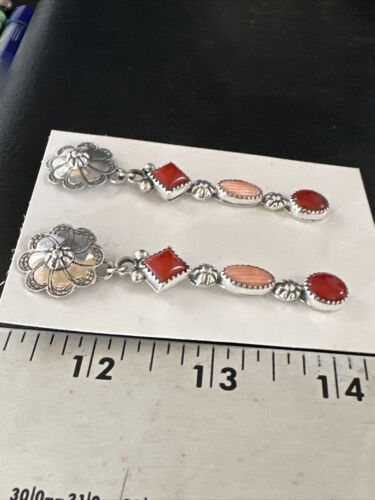 Navajo Red Pink Coral Mother of Pearl Dangle Earrings | Sterling Silver | Authentic Native American Handmade | 15327
