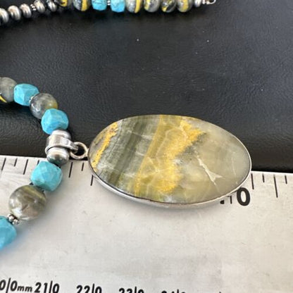 Men's BumbleBee Jasper Pendant Necklace | Navajo Pearls | Sterling Silver | Authentic Native American Handmade | 16878
