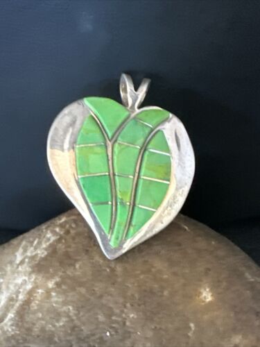 Navajo Green Gaspeite Heart Pendant Necklace | Sterling Silver Inlay | Authentic Native American Handmade | 15192