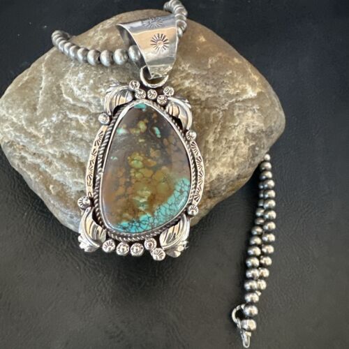 Men's Navajo Green Turquoise Pendant Necklace | Sterling Silver | Authentic Native American Handmade | 17528