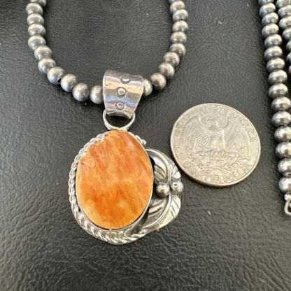 Navajo Orange Spiny Oyster Pendant Necklace | Sterling Silver Pearls | Authentic Native American Handmade | 16557