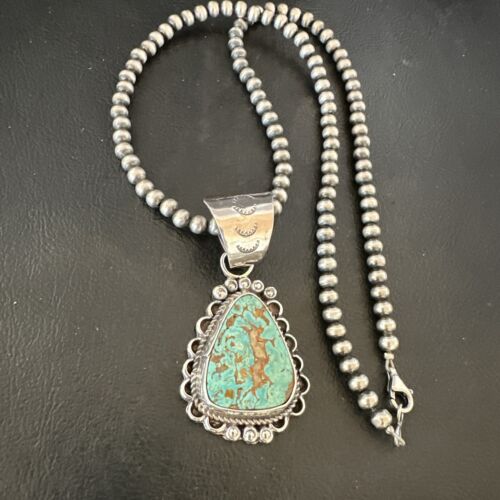 Women's Royston Turquoise Pendant Necklace | Navajo Pearls | Sterling Silver | Authentic Native American Handmade | 17062