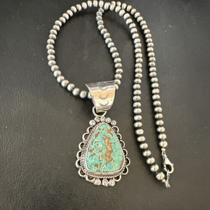 Women's Royston Turquoise Pendant Necklace | Navajo Pearls | Sterling Silver | Authentic Native American Handmade | 17062