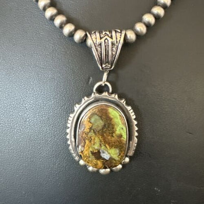 Navajo Green Gaspeite Pendant Necklace | Sterling Silver | Authentic Native American Handmade | 17425