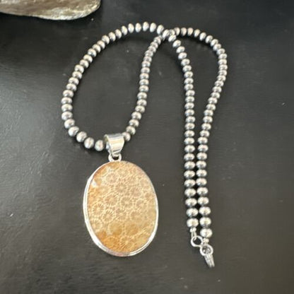Navajo Champagne Fossil Coral Pendant Necklace | Sterling Silver Beads | Authentic Native American Handmade | 16370