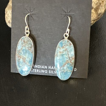 Navajo Blue Turquoise Dangle Earrings | Sterling Silver | Authentic Native American Handmade | 15429