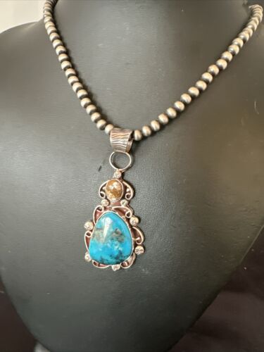 Navajo Blue Kingman Turquoise Wild Horse Necklace Pendant | Sterling Silver | Authentic Native American Handmade | 17221