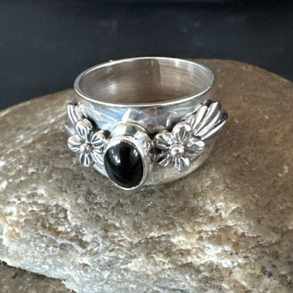 Navajo Black Onyx Leaf Flower Ring | Sterling Silver | Sz 7.5 | Authentic Native American Handmade | 17371