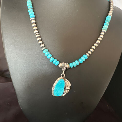 Navajo Blue Turquoise Pendant with Pearls | Sterling Silver Necklace | Authentic Native American Handmade | 15418