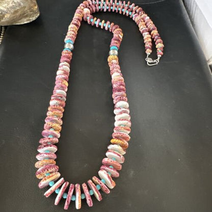 Authentic Native American Navajo Necklace | Purple Spiny Oyster & Turquoise | Sterling Silver | 34" | 15091