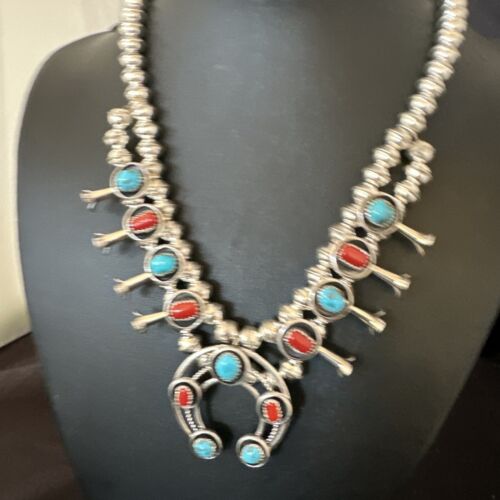 Navajo Shadowbox Coral Kingman Turquoise Squash Blossom Necklace | Sterling Silver | 17" | 16112