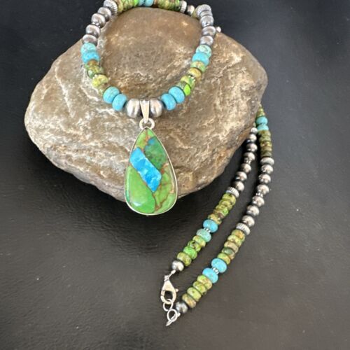 Navajo Blue Green Mojave Turquoise Pendant | Sterling Silver Pearl Necklace | Authentic Native American Handmade | 16923