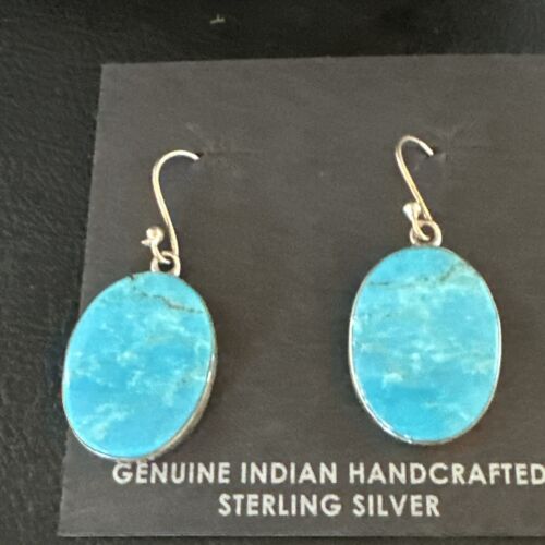 Navajo Blue Kingman Turquoise Dangle Earrings | Sterling Silver | Authentic Native American Handmade | 15436