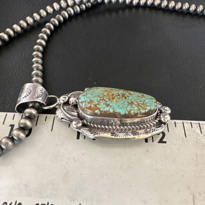 Navajo Blue Turquoise #8 Pendant | Sterling Silver Necklace with Pearls | Authentic Native American Handmade | 15904
