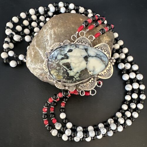 Navajo White Buffalo Turquoise and Coral Pendant Necklace | Sterling Silver | Authentic Native American Handmade | 15495