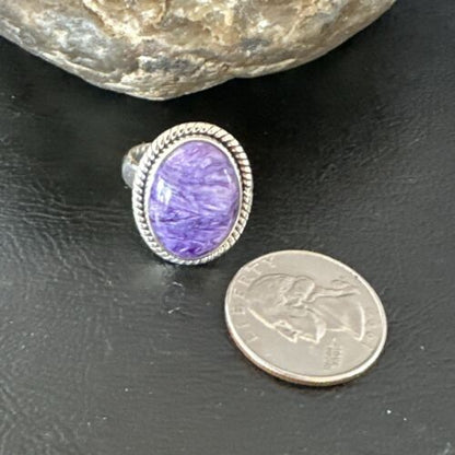 Navajo Purple Charoite Oval Ring | Sterling Silver | Adjustable Sz 9 | Authentic Native American Handmade | 17248