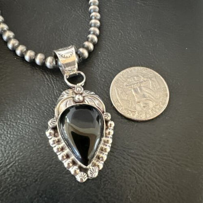 Navajo Pearls Black Onyx Necklace Pendant | Sterling Silver | Authentic Native American Handmade | 16529