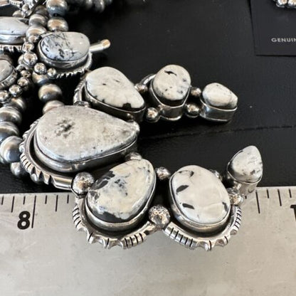 Navajo White Buffalo Turquoise Pendant Earrings | Sterling Silver Squash Blossom Necklace | 17443