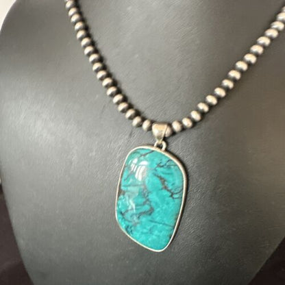 Men's Navajo Blue Spiderweb Turquoise Pendant Necklace | Sterling Silver | Authentic Native American Handmade | 16209