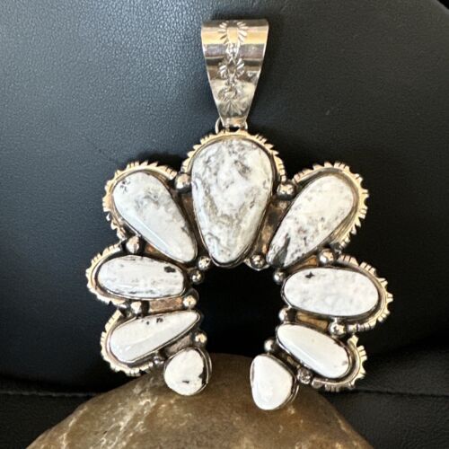 Navajo White Buffalo Turquoise Necklace Naja Pendant | Sterling Silver | Authentic Native American Handmade | 17040