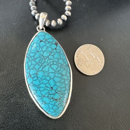 Men's Navajo Blue Spiderweb Turquoise Pendant Necklace | Sterling Silver | Authentic Native American Handmade | 16210