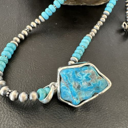 Men's Kingman Turquoise Pendant | Navajo Pearls Sterling Silver Necklace | Authentic Native American Handmade | 17212