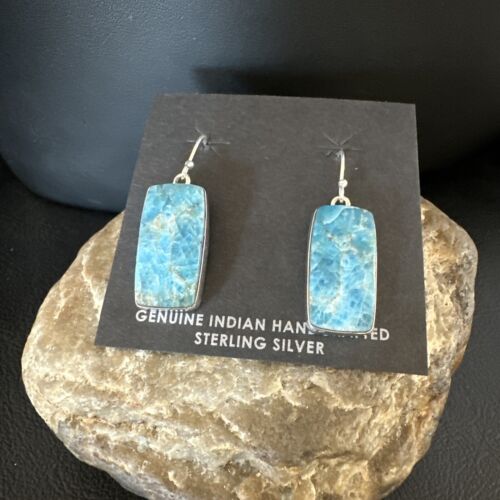 Navajo Blue Turquoise Dangle Earrings | Sterling Silver | Authentic Native American Handmade | 15431