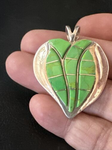 Navajo Green Gaspeite Heart Pendant Necklace | Sterling Silver Inlay | Authentic Native American Handmade | 15192
