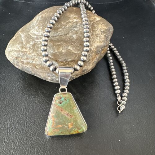 Navajo Green Turquoise Pendant Necklace | Sterling Silver | Authentic Native American Handmade | 15032