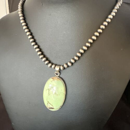 Navajo Green Gaspeite Pendant Necklace | Sterling Silver | Authentic Native American Handmade | 15487