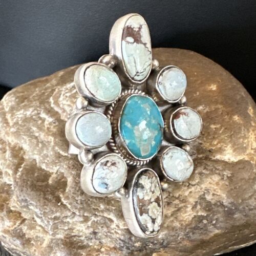 Navajo Golden Hills Turquoise Cluster Ring | Authentic Native American Sterling Silver | Multi-Stone | Sz 8.5 | 16285