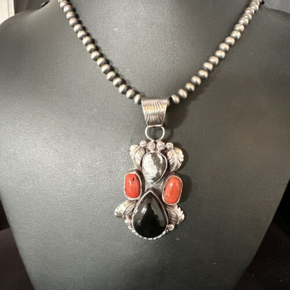 Navajo White Buffalo Coral Onyx Pearls Cluster Pendant | Sterling Silver | Native American Handmade | 15371