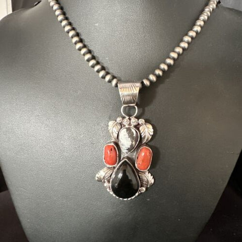 Cluster White Buffalo Coral Onyx Pearls Sterling Silver Necklace Pendant 15371