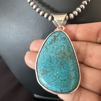 Men's Navajo Blue Spiderweb Turquoise Pendant Necklace | Sterling Silver | Authentic Native American Handmade | 16204