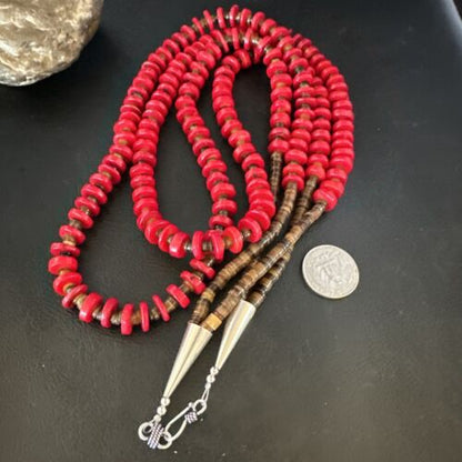 Navajo Red Coral Shell Bead Necklace | Sterling Silver | 30" | Authentic Native American Handmade | 15283