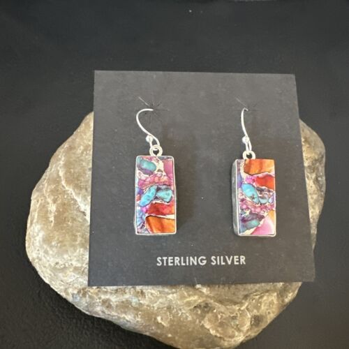 Navajo Blue Turquoise & Red Spiny Oyster Inlay Dangle Earrings | Sterling Silver | Native American Handmade | 15576