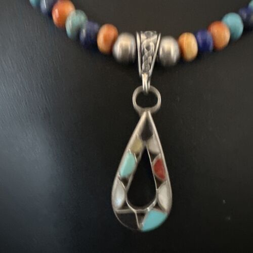 Navajo Spiny Oyster Turquoise Lapis Inlay Pendant Necklace | Sterling Silver | 21" | Authentic Native American Handmade | 16768