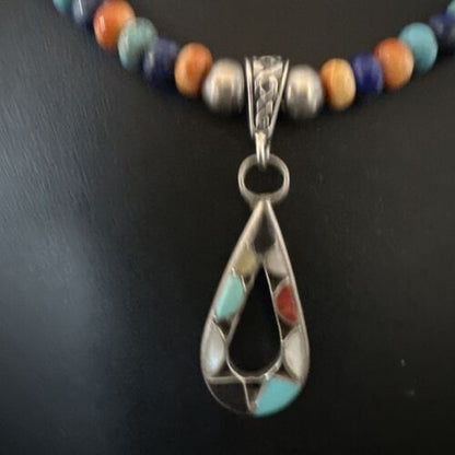 Navajo Spiny Oyster Turquoise Lapis Inlay Pendant Necklace | Sterling Silver | 21" | Authentic Native American Handmade | 16768