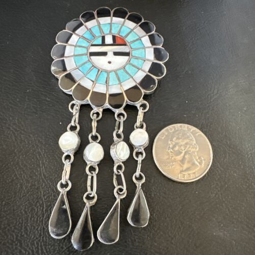 Sunface Zuni Inlay Turquoise Mother of Pearl Pin Pendant | Sterling Silver | Authentic Native American Handmade | 15177