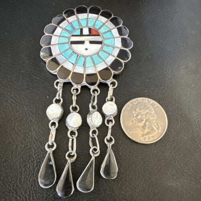 Sunface Zuni Inlay Turquoise Mother of Pearl Pin Pendant | Sterling Silver | Authentic Native American Handmade | 15177