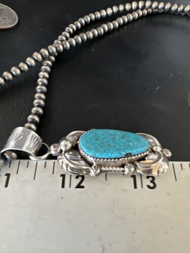 Navajo Kingman Turquoise Pendant Necklace | Sterling Silver Pearls | Authentic Native American Handmade | 15217